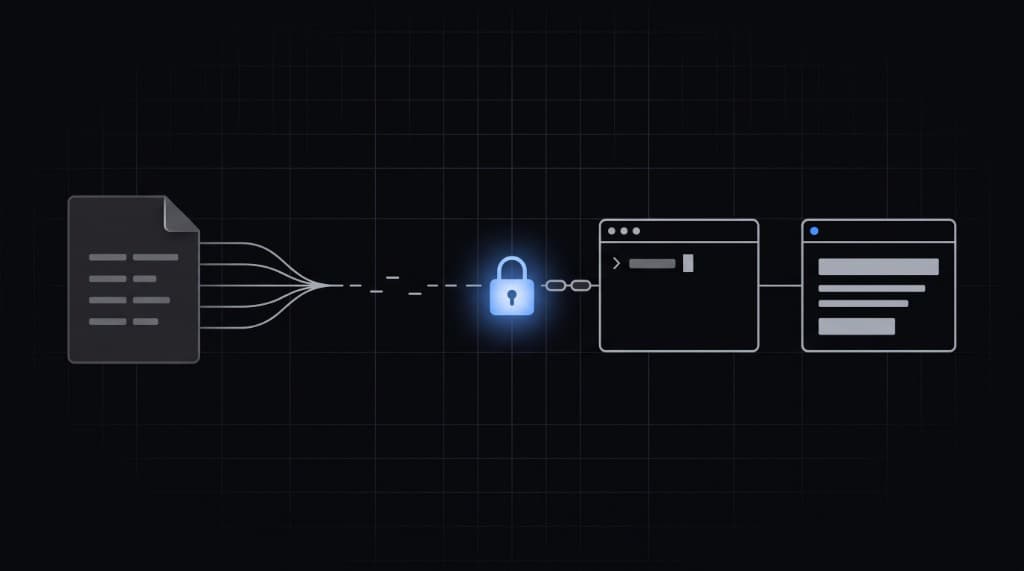 A .env file passes through a lock, then a terminal starts a running app.